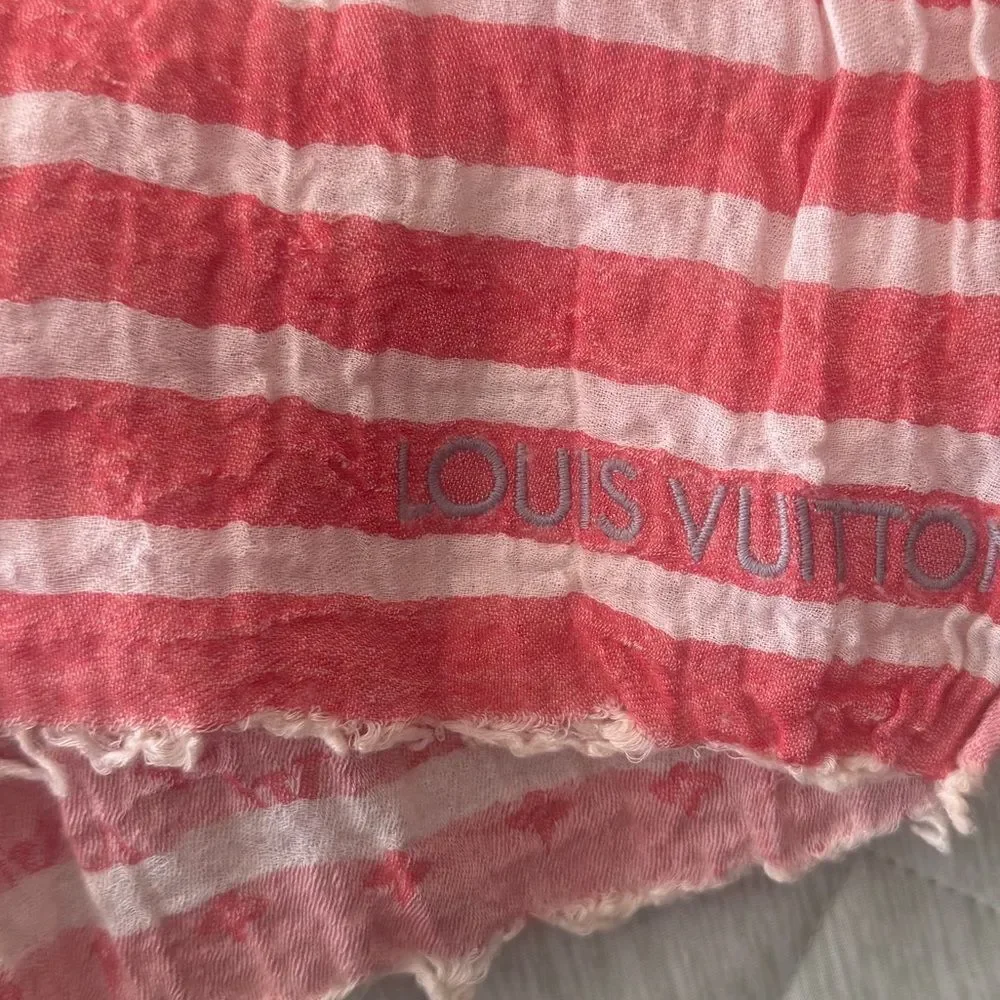 Auth Ltd Edition Louis Vuitton Red White Striped LV Monogram Scarf Shawl Wrap